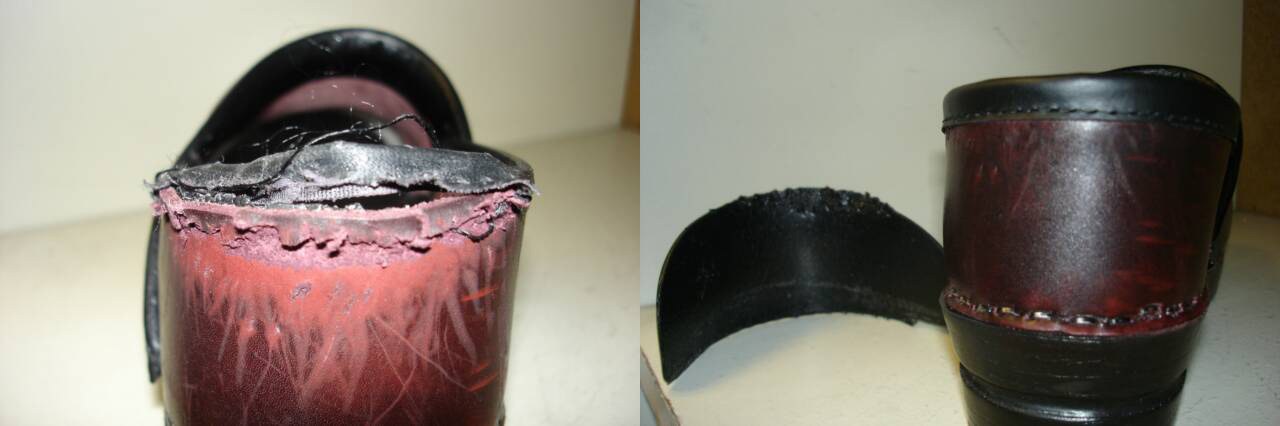 Brown Dansko clogs showing damaged and repaired heel areas